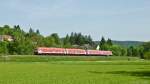 Die seit dem Halt in Pegnitz vereinten Zugteile der BR 610 aus Cheb und Bayreuth sind mit voller Neigung als RE nach Nürnberg bei Hohenstadt im Pegnitztal unterwegs.